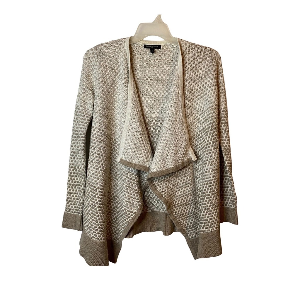 Banana Republic Tan White Woven Shawl Collar Cardigan Sweater Women's XS Drape